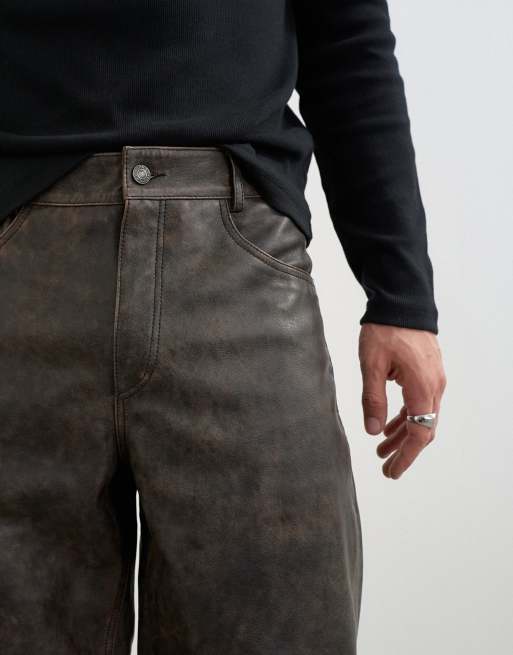 Topman straight fit real leather trouser in espresso brown, 5 of 5