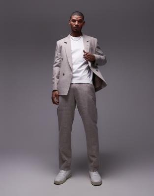 Topman straight fit textured suit trousers in stone-Neutral