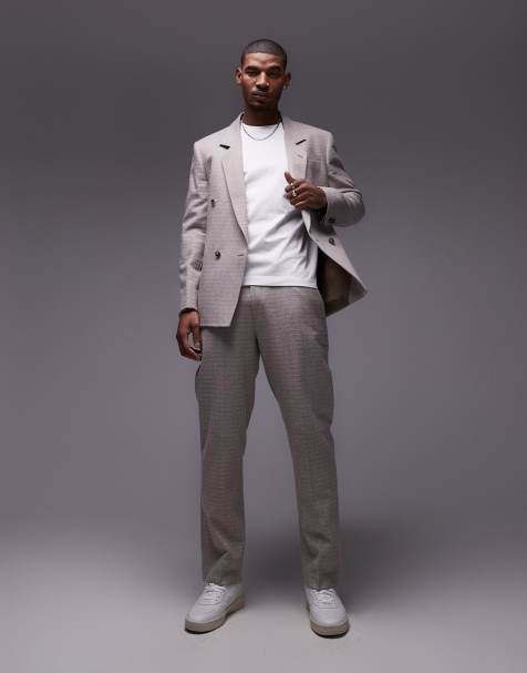 Topman straight fit textured suit trousers in stone - view 1