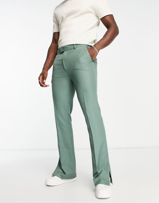Topman straight flare pants with zip cuff detail in sage