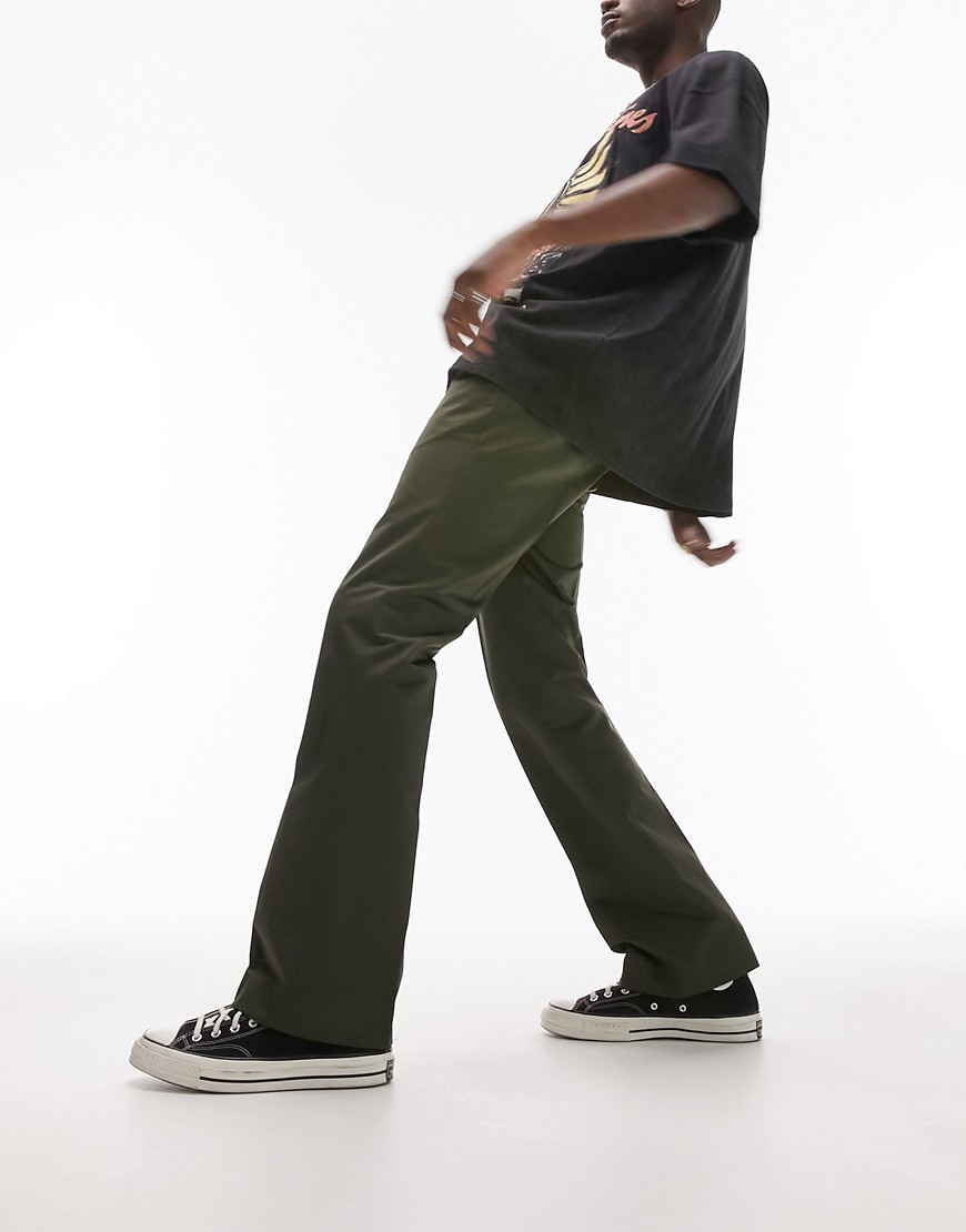 topman straight flare trousers in khaki-green