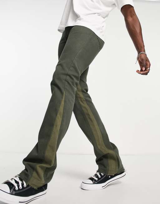 Topman straight flared let down hem jeans with contrast panels in khaki