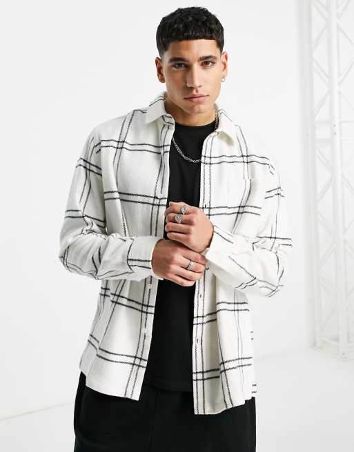 Topman straight hem shirt in off white grid check | ASOS