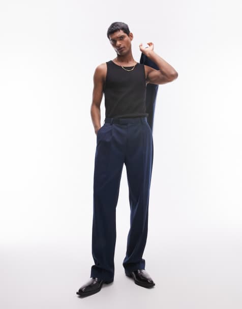 Topman straight high waist relaxed pants in navy - view 1