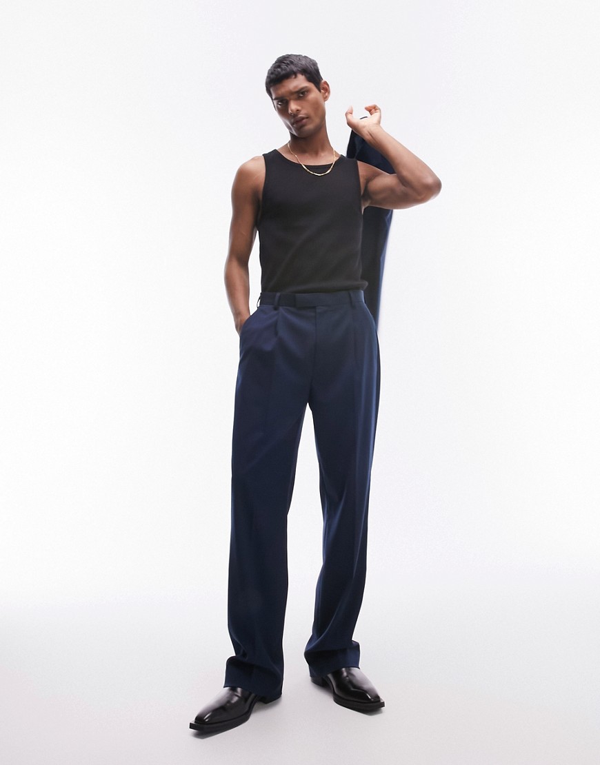 Topman Straight High Waisted Pants In Navy