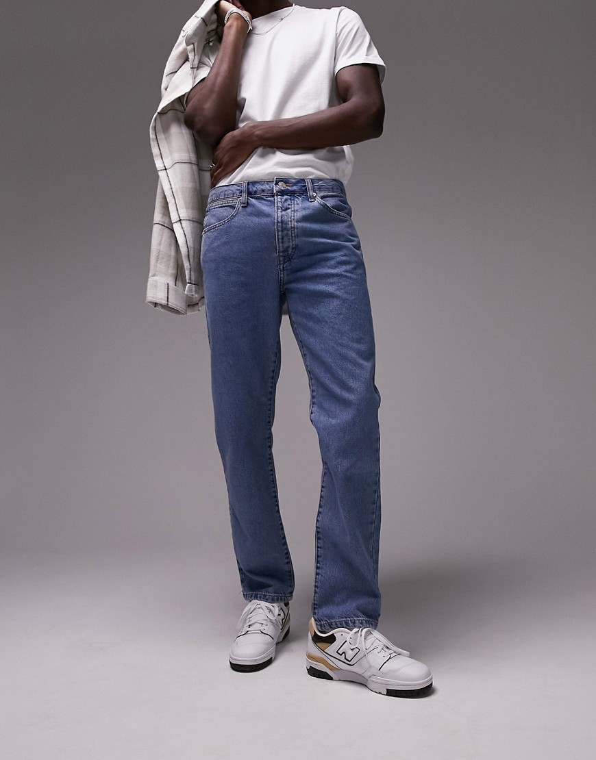 Topman straight jeans in mid wash-Blues