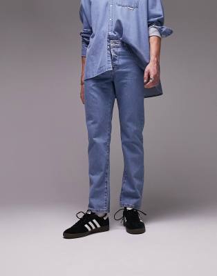 Shop Topman Straight Jeans In Mid Wash-blue