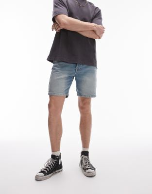 Topman Topman straight leg denim short in light blue wash