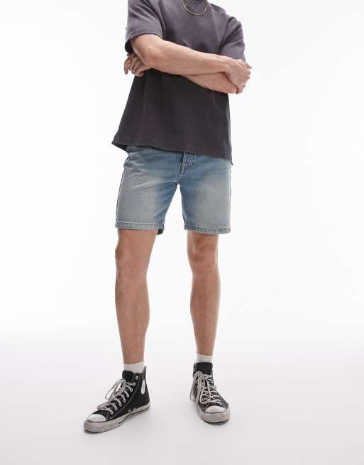 Topman straight leg denim shorts in light blue wash