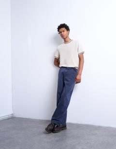 Model wearing Straight leg twill elasticated waist trouser in navy