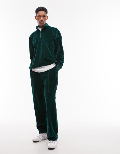 Topman straight leg velour pintuck sweatpants in green