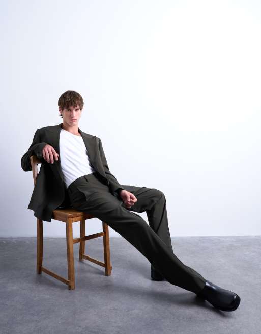 Topman straight leg wool touch suit pants in green