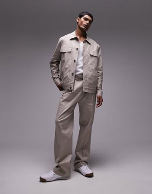 Topman straight linen blend co-ord trousers in stone