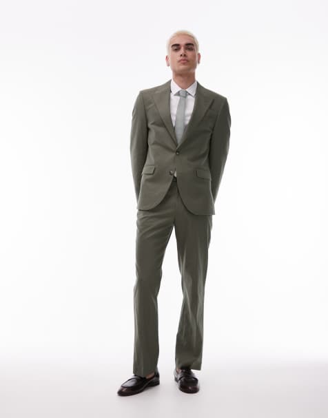 Topman straight linen blend suit trouser in khaki - view 1
