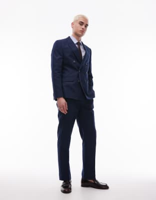 Topman straight linen blend suit trousers in navy