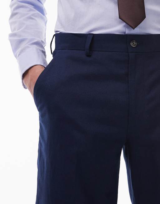 Topman straight linen blend suit trousers in navy, 3 of 5