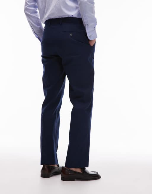 Topman straight linen blend suit trousers in navy, 4 of 5