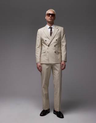 Topman straight linen blend suit trousers in stone-Neutral
