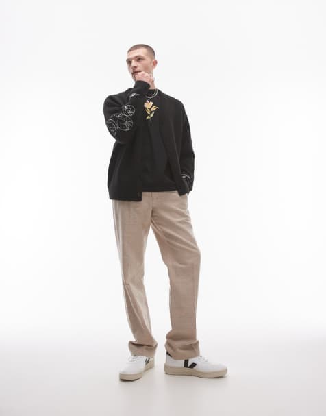 Topman straight linen blend textured pants in stone - view 1