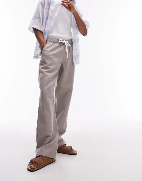 Topman straight linen blend trousers in stone - view 1