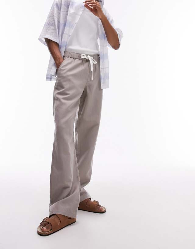 Topman - straight linen blend trousers in stone