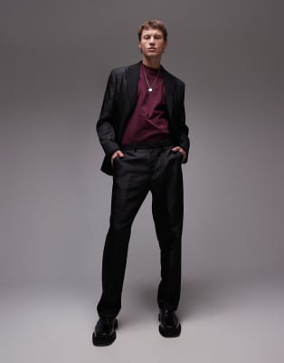 Topman Straight Mixed Fabric Suit Pants In Black