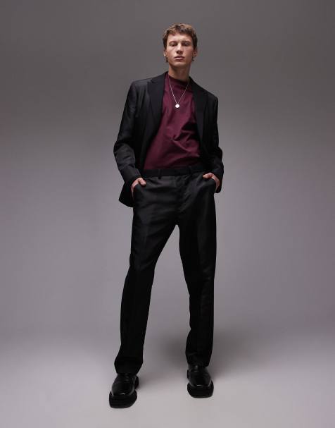Topman straight mixed fabric suit pants in black - view 1