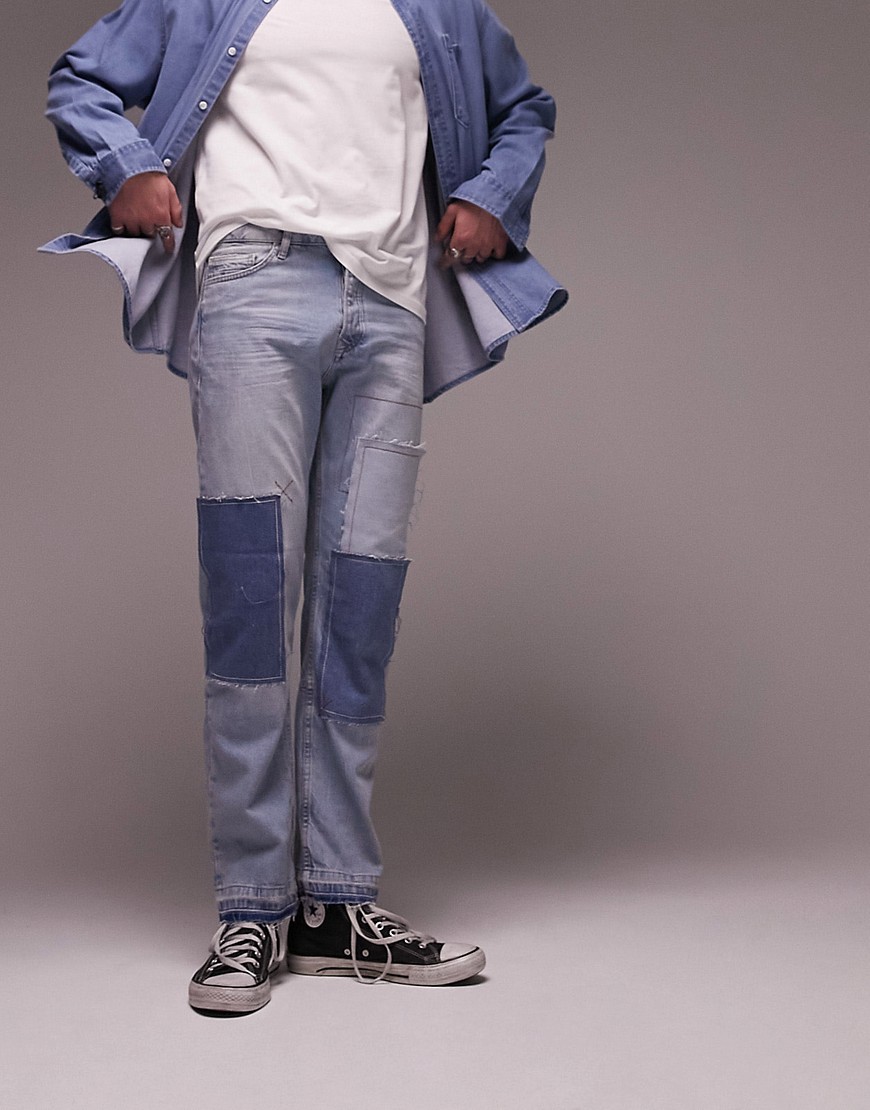 Topman straight patchwork jeans in mid wash blue