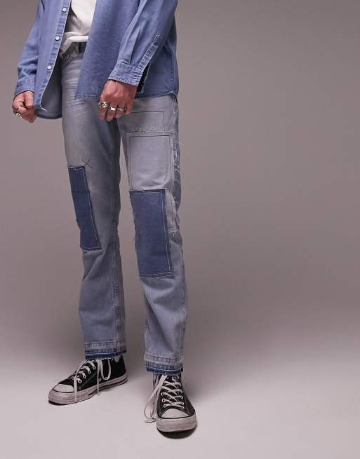 Topman straight patchwork jeans in mid wash blue