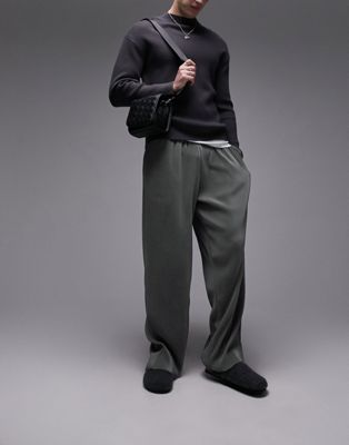Topman straight plisse jogger in charcoal