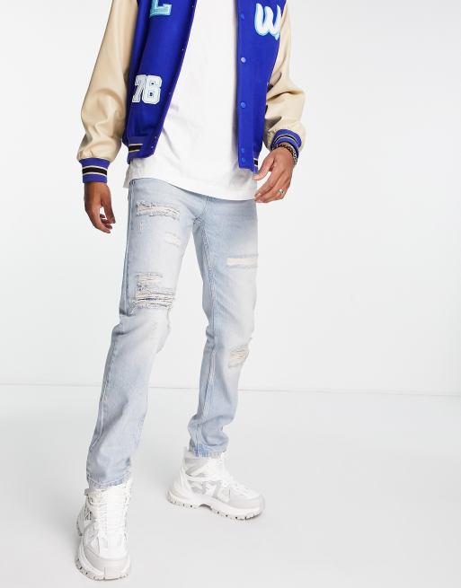 Topman straight rip and repair jeans in light wash blue