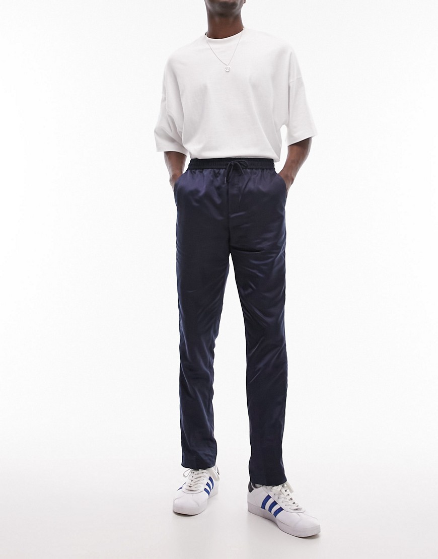 Topman straight sateen trousers with elasticated waist in navy