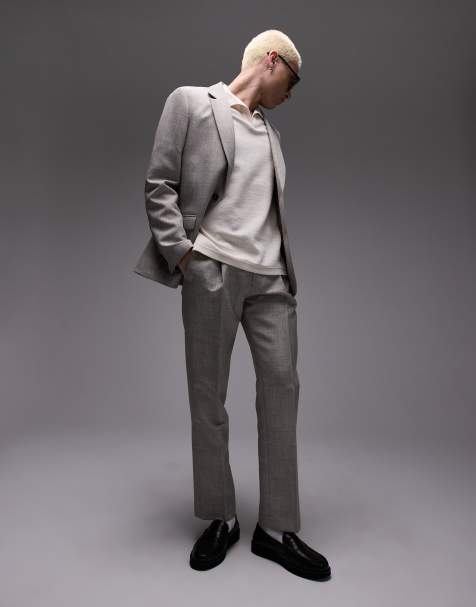 Topman straight textured suit trousers in stone - view 1