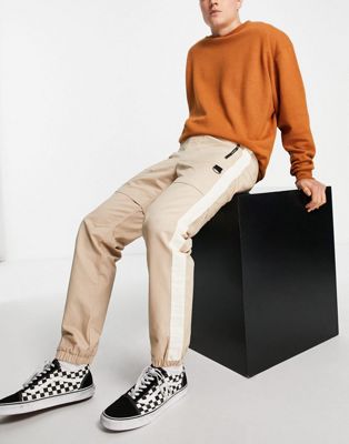 Topman straight trousers with elasticated waist and side stripe in ecru