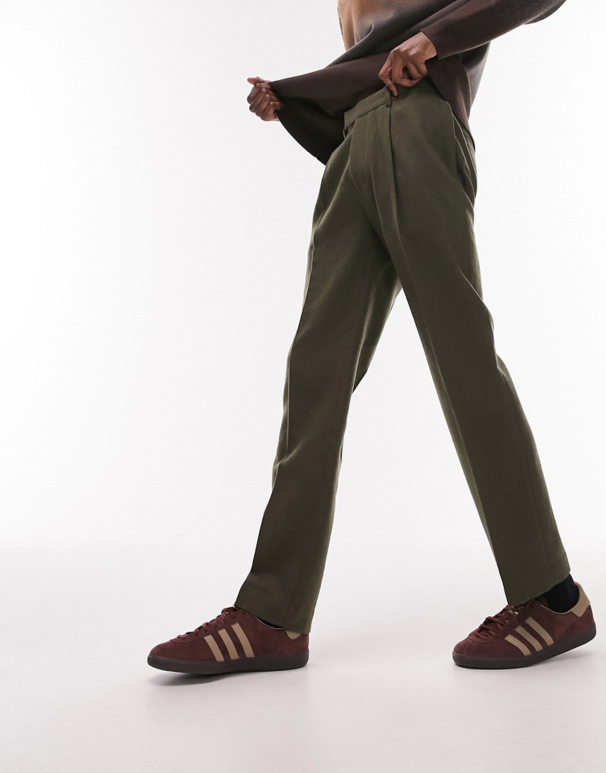 Topman Straight Wool Mix Pants In Khaki-brown
