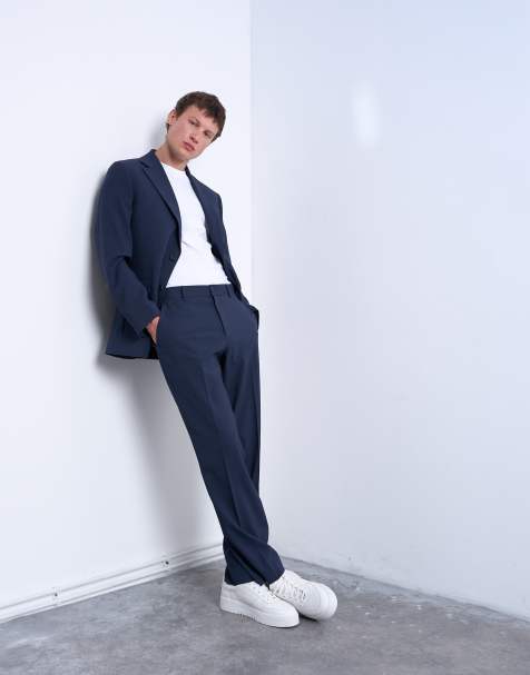 Topman straight wool touch suit pants in navy - view 1