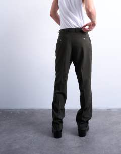 Model wearing Straight wool touch suit trousers in green