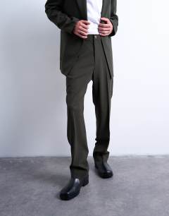 Model wearing Straight wool touch suit trousers in green