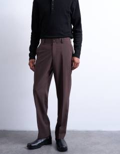 Model wearing Straight wool touch trousers in chocolate