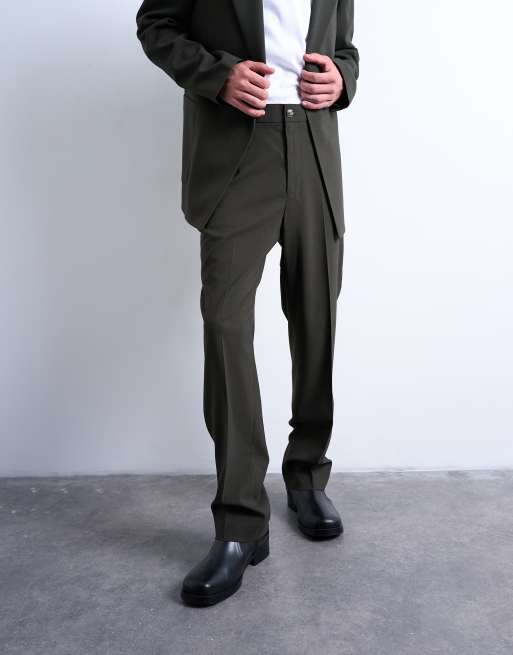 Topman straight wool touch trousers in dark green, 2 of 5