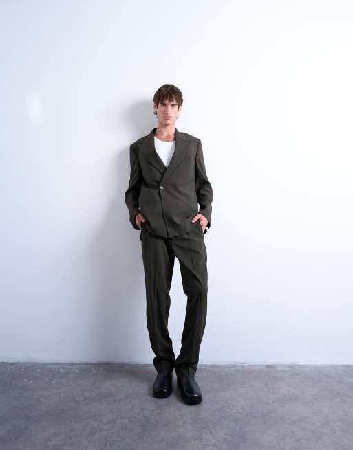 Topman straight wool touch trousers in dark green, 5 of 5