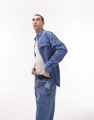 Topman Stretch Denim Shirt In Mid Wash-blue