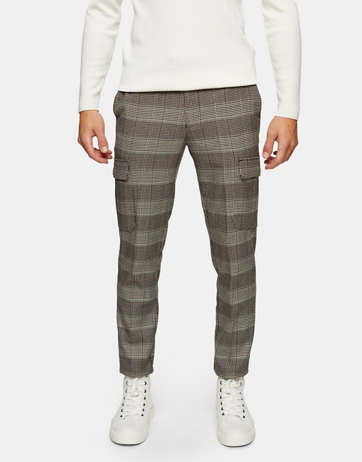 Topman stretch skinny cargo trousers in neutral check