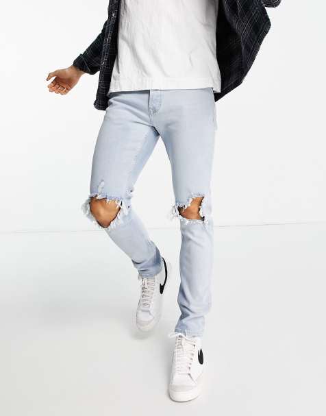 Topman stretch skinny extreme blow out rip jeans in light wash - view 1