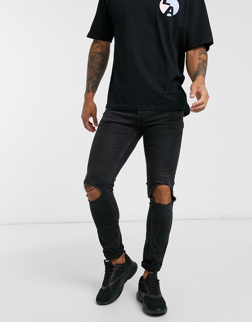 TOPMAN STRETCH SKINNY JEANS WITH BLOWOUT RIPS IN WASHED BLACK,69F36TWBL