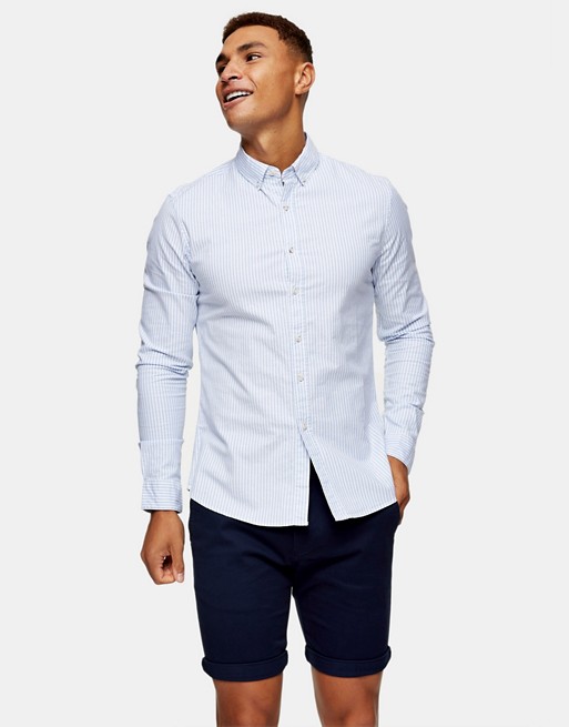 Topman stretch skinny oxford shirt in blue and white