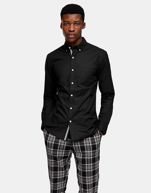 Topman stretch skinny oxford shirt with taping in black
