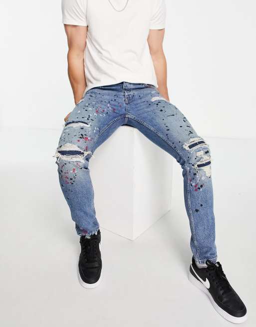 Slim Fit Rip & Repair Paint Splatter Jeans