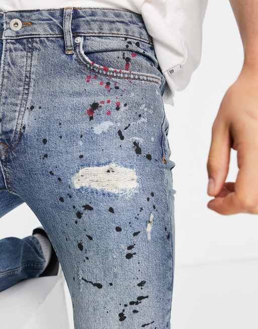 Slim Fit Rip & Repair Paint Splatter Jeans