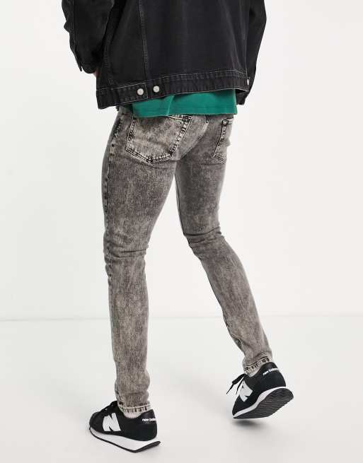 Topman stretch skinny stacked zip jeans in black acid wash , 2 of 4